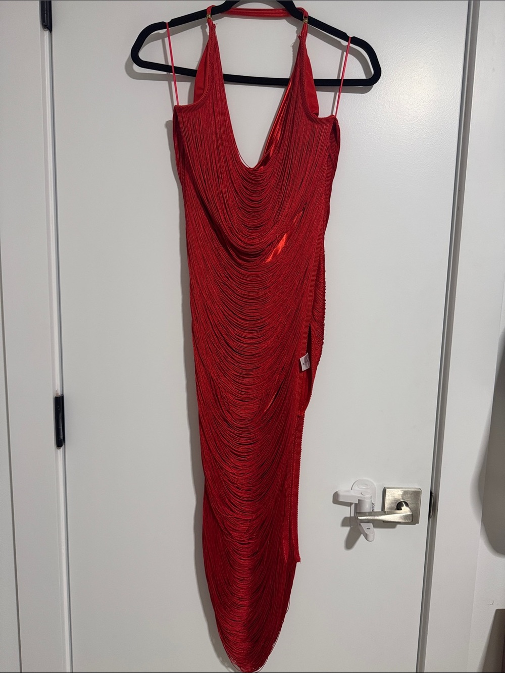 AKIRA Red Draped Fringe Backless Halter Dress